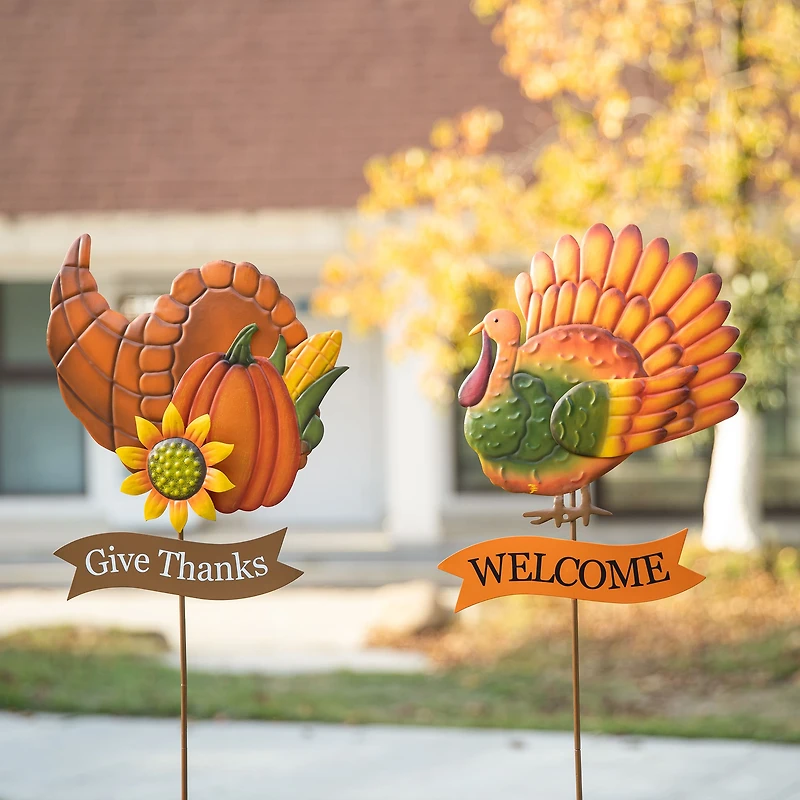 Glitzhome® 36.25" Thanksgiving Metal Turkey & Croissant Yard Stake Set
