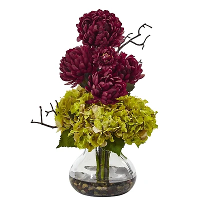 19" Burgundy Hydrangea & Green Mum in Vase