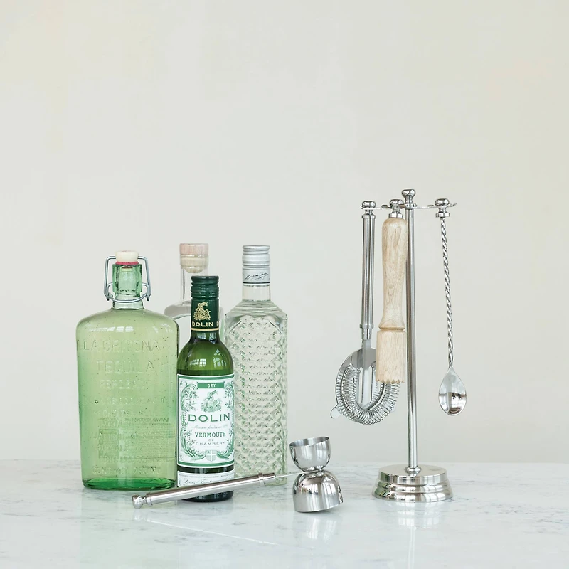 Hello Honey 5-Piece Stainless Steel and Mango Wood Bar Tools with Stand, Nickel Finish and Natural