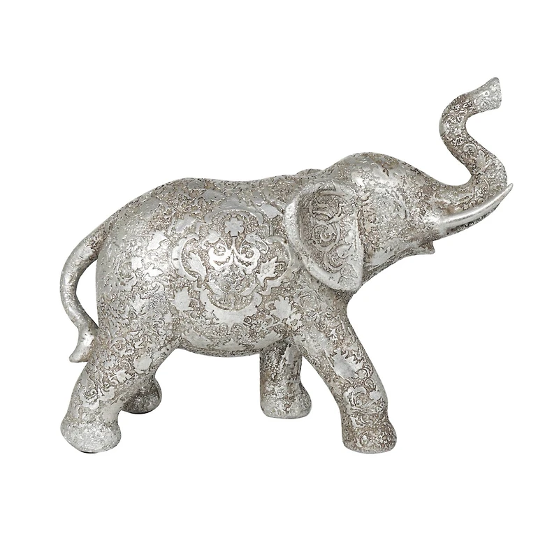 10" Silver Elephant Engraved Floral Sculpture