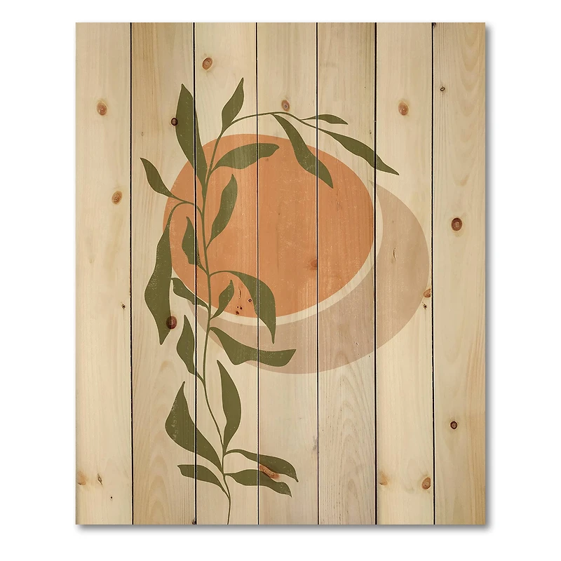 Designart - Abstract Orange Sun and Moon With Tropical Leaf - Modern Print on Natural Pine Wood