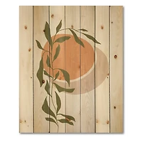 Designart - Abstract Orange Sun and Moon With Tropical Leaf - Modern Print on Natural Pine Wood