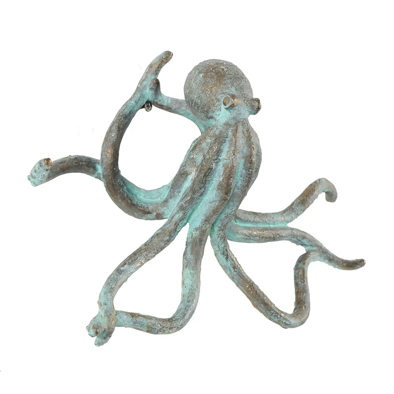 12" Blue Polystone Octopus Distressed Patina Sculpture with Gold Foil Accents
