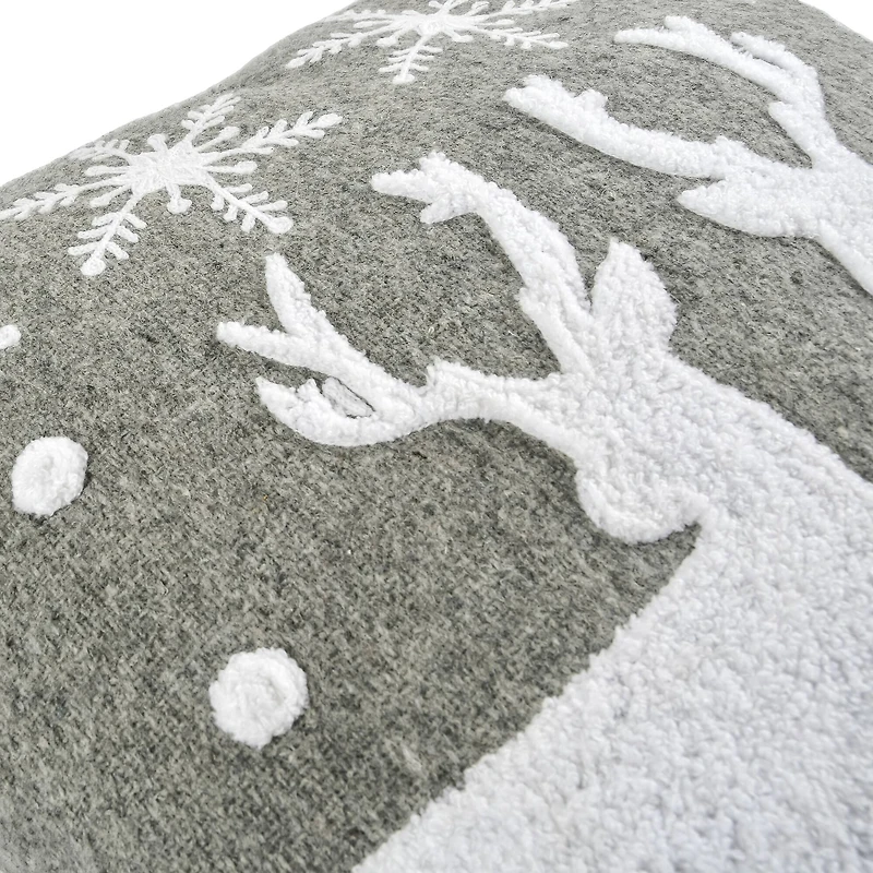 18” Gray & White Reindeer & Snowflakes Throw Pillow