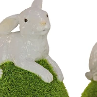 7" White Bunny with Green Moss Egg Décor Set