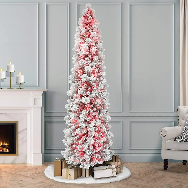 7.5ft. Pre-Lit Flocked Portland Pine Artificial Pencil Christmas Tree, Pink Lights