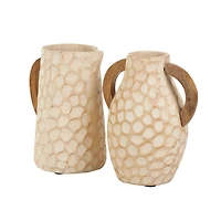 Beige Paper Mache Honeycomb Inspired Jug Vase with Wooden Handle Set