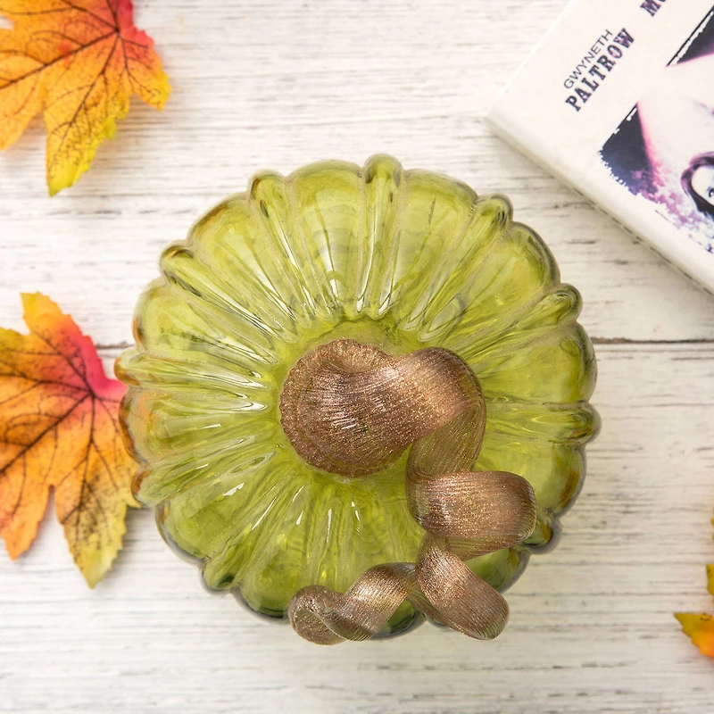 Glitzhome® Green & Amber Crackle Glass Short Pumpkin Set