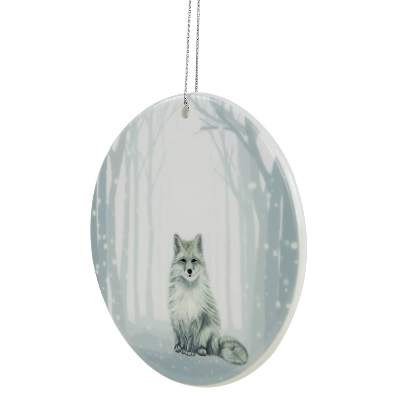 White & Silver Porcelain Arctic Fox Disc Ornament