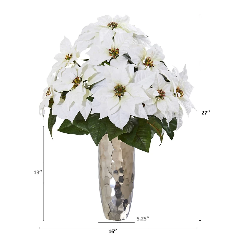 27" White Poinsettia Arrangement in Silver Cylinder Vase