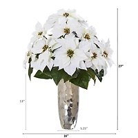 27" White Poinsettia Arrangement in Silver Cylinder Vase