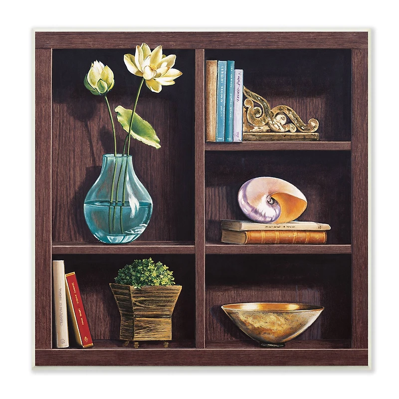 Stupell Industries Elegant Bookshelf Still-Life with Lotus Floral Vase, 12" x 12"