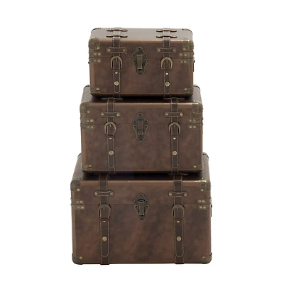Set of 3" Brown Leather Traditional Trunk, 18", 16", 13"