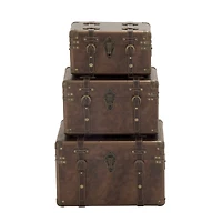 Set of 3" Brown Leather Traditional Trunk, 18", 16", 13"