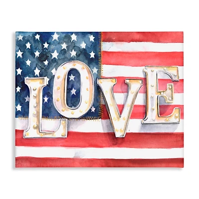 Stupell Industries Vintage Love Text Over Stitched American Flag Canvas Wall Art