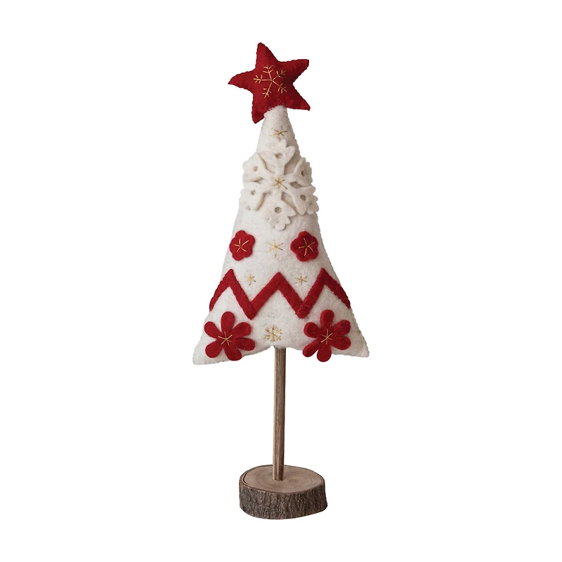 Hello Honey® 17" Red & White Handmade Wool Felt Christmas Tree with Applique, Embroidery & Wood Slice Base