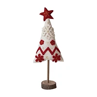 Hello Honey® 17" Red & White Handmade Wool Felt Christmas Tree with Applique, Embroidery & Wood Slice Base
