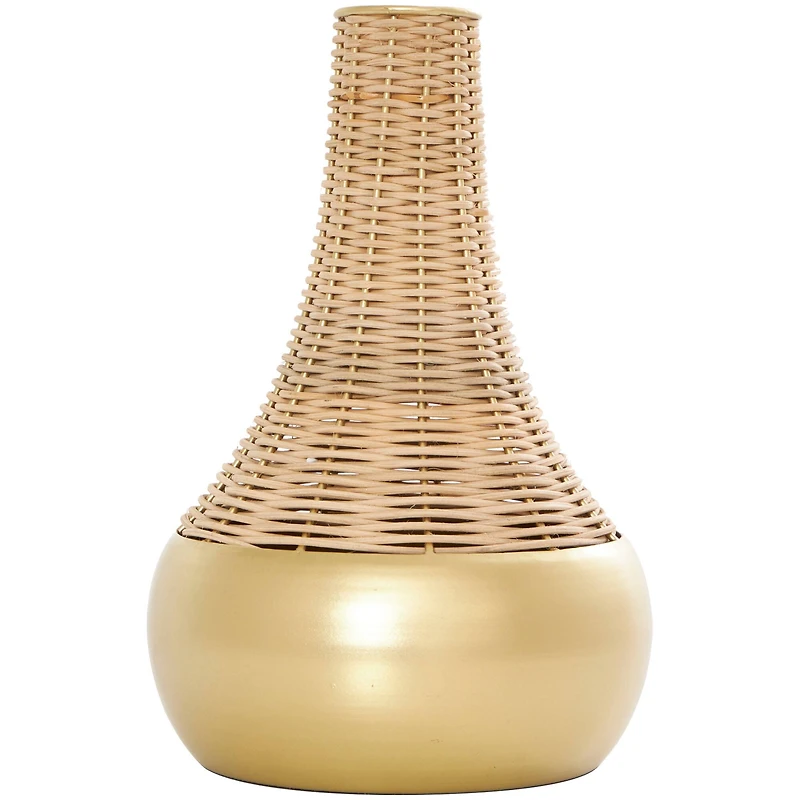 11" Brown & Gold Rattan Handmade Woven Vase