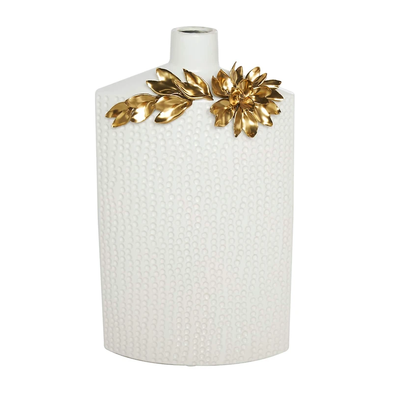 White & Gold Leaf Accent Ceramic Vase Set