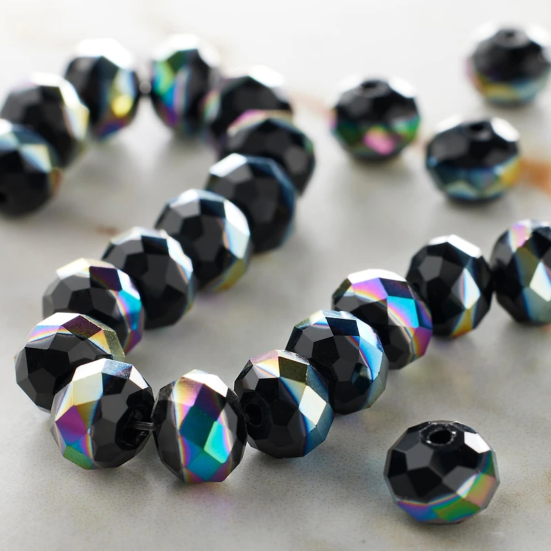 12 Pack: Black Aurora Borealis Striped Glass Faceted Rondelle Beads, 8mm by Bead Landing™