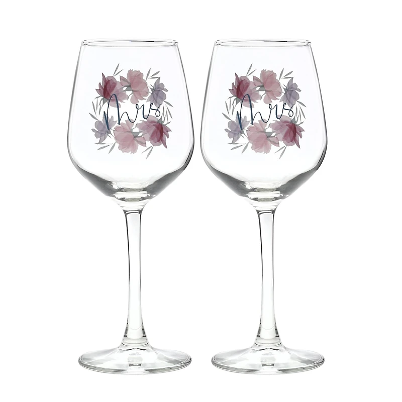 12oz. Mrs. & Mrs. Floral Wine Glass Set