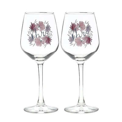 12oz. Mrs. & Mrs. Floral Wine Glass Set