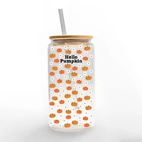 Hello Pumpkin Daisy Pattern 16oz. Glass Can Cup