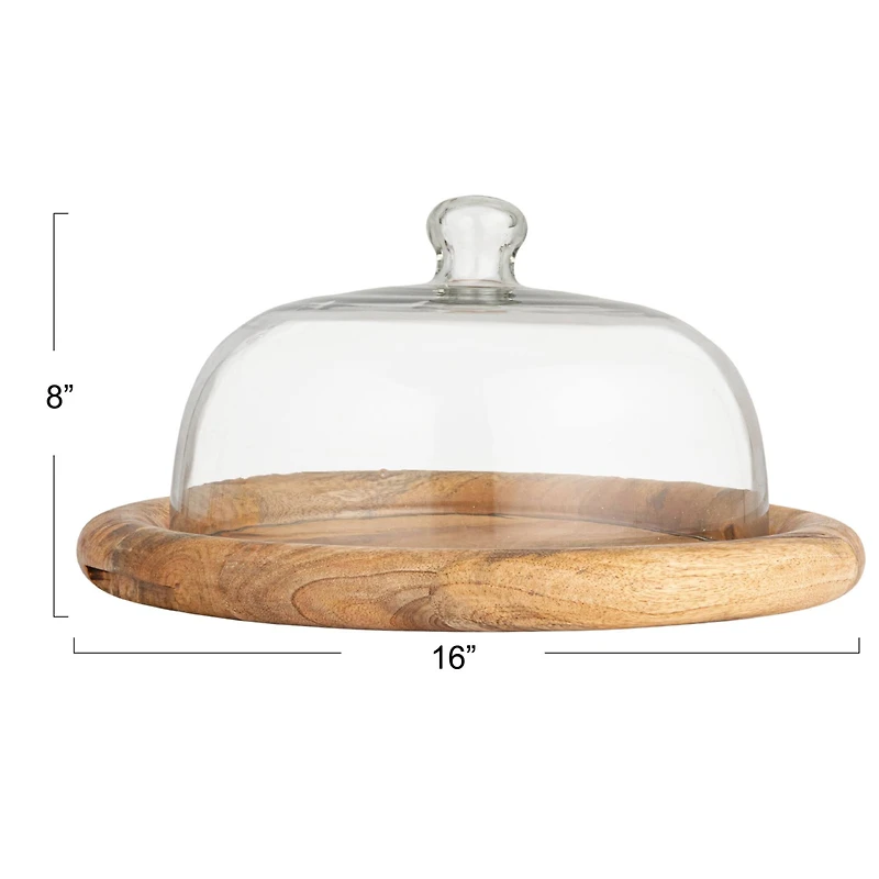 Hello Honey® 16" Round Glass Cloche with Mango Wood Base