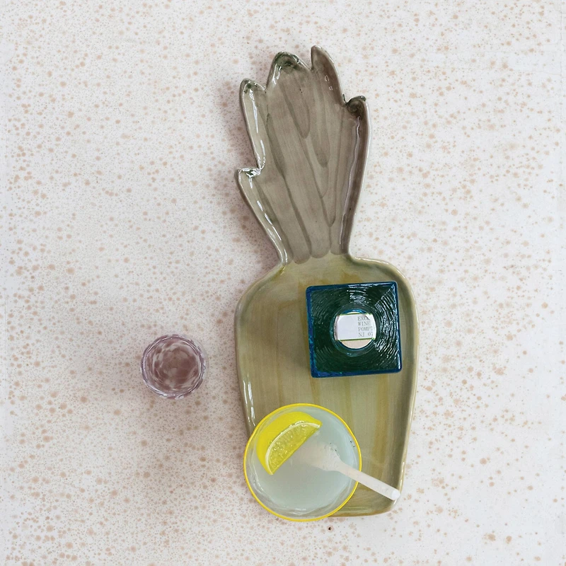 Hello Honey Hand-Painted Stoneware Pineapple Shaped Platter with Reactive Glaze, Brown and Green, Set of 6