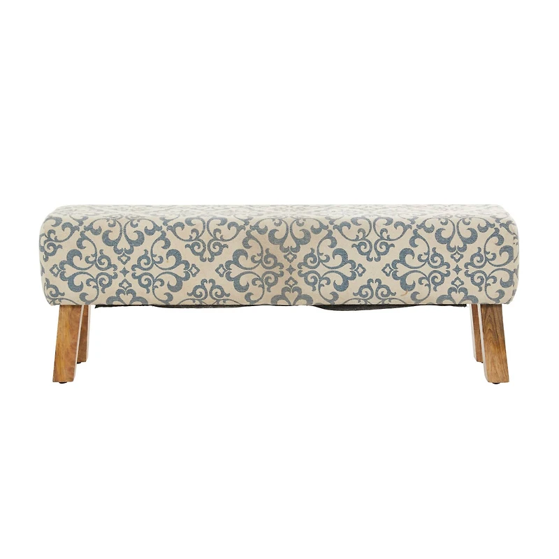 50" Cream Fabric Arabesque Scroll Bench with Wood Legs