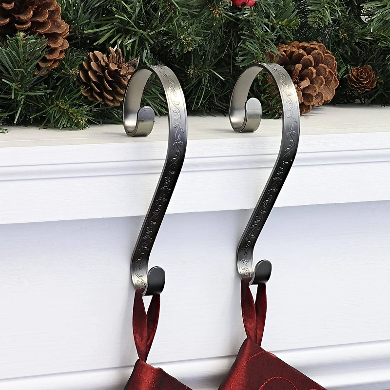 Haute Decor Stocking Scroll® Holly Embossed Pewter Stocking Holders