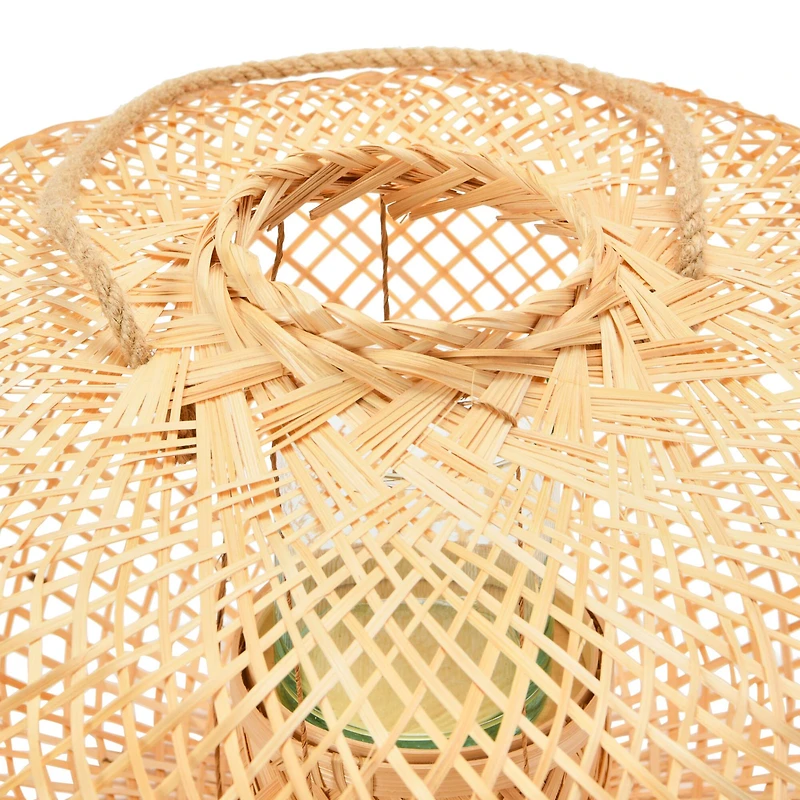Hello Honey® 11" Natural Hand-Woven Bamboo Lantern with Jute Handle & Glass Insert