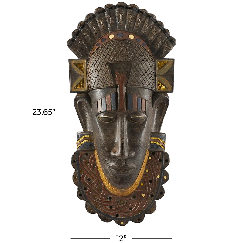 Brown Polystone Primitive African Mask Sculpture 12" x 4" x 24"