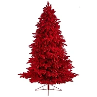 8ft. Pre-Lit Red Flocked Fraser Fir Artificial Christmas Tree, Red Lights