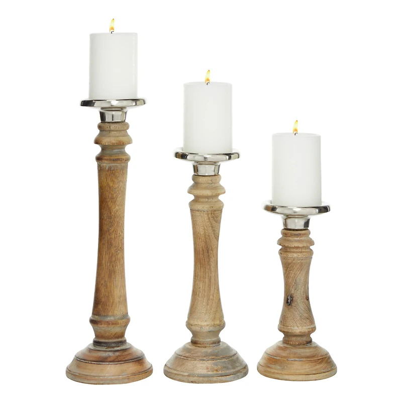 Brown Mango Wood Traditional Candle Holder Set