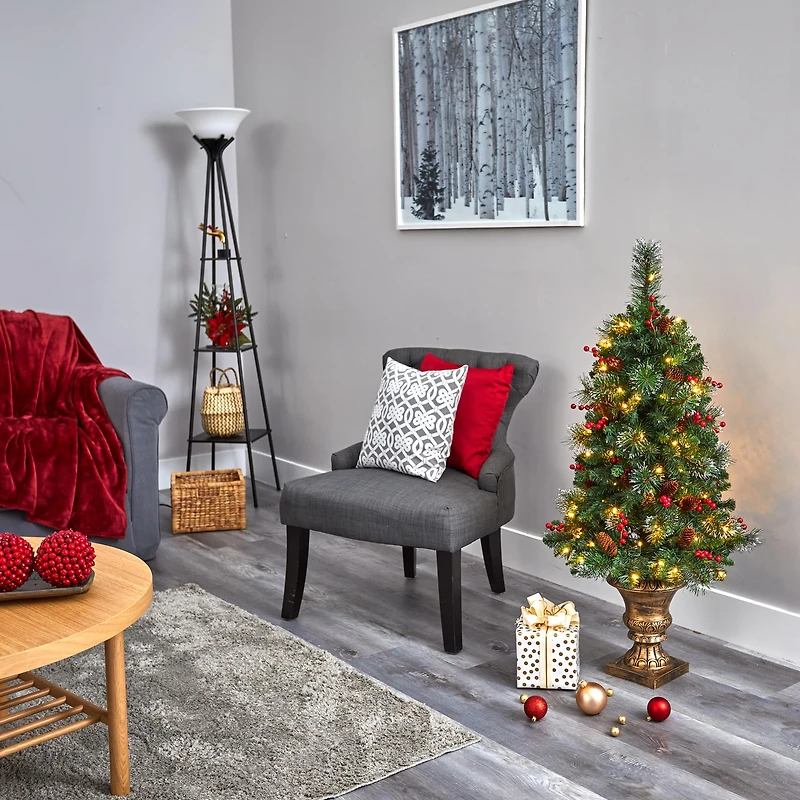 4ft. Pre-Lit Pine, Pinecone & Berries Artificial Christmas Tree, Clear LED Lights