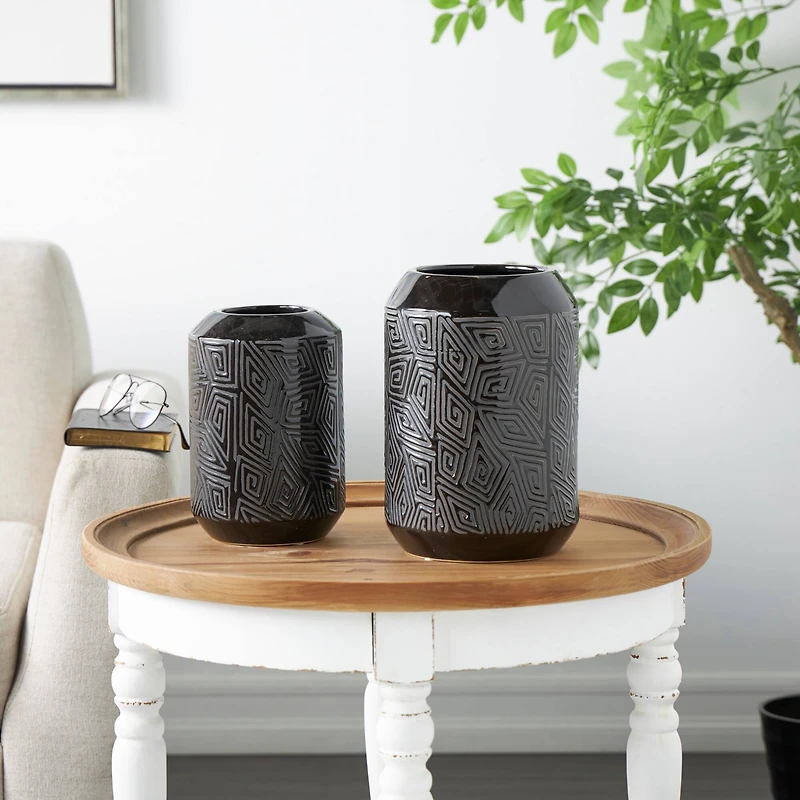 Black Ceramic Vase with Geometric Etchings Set