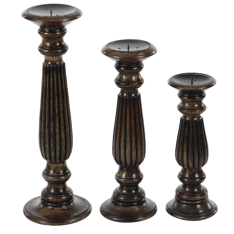Dark Brown Mango Wood Traditional Candle Holder Set, 3ct.