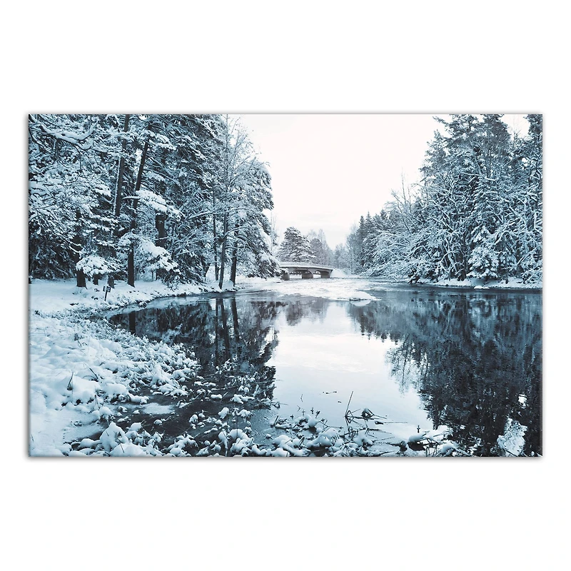 Snowy Park Lake Pine Trees 36x24 Canvas Wall Art
