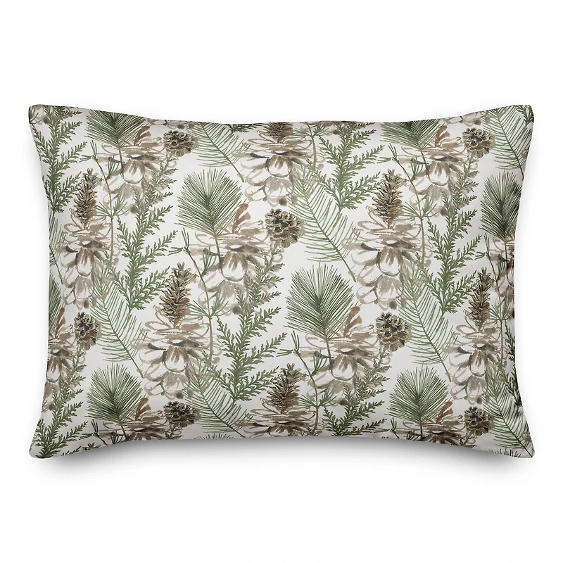 Pinecones & Greenery on White Rectangle Throw Pillow