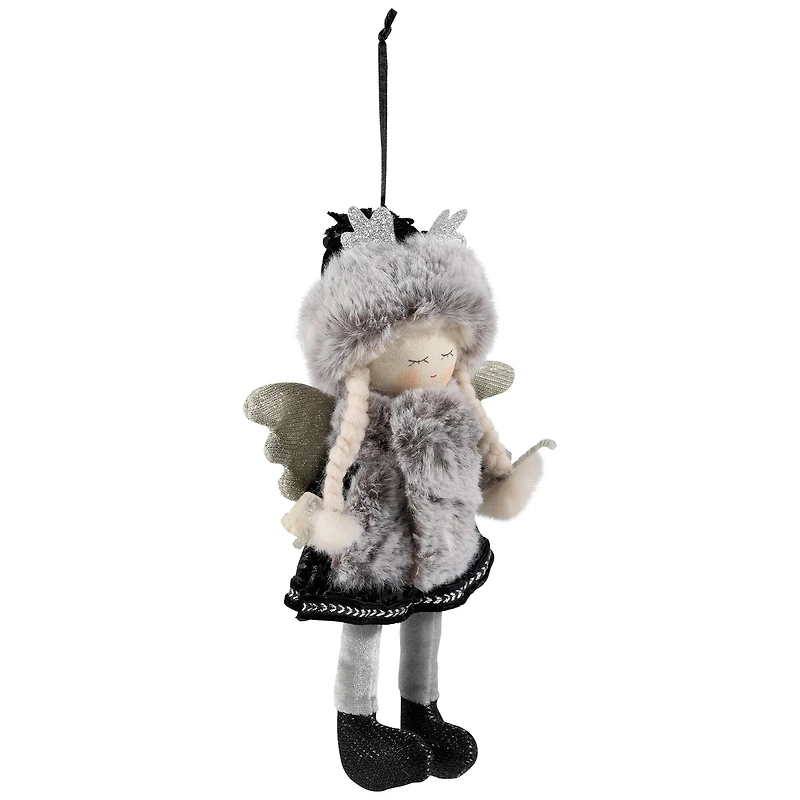 Plush Winter Angel Girl Hanging Christmas Ornament - 8.5" - Gray and Black