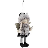 Plush Winter Angel Girl Hanging Christmas Ornament - 8.5" - Gray and Black