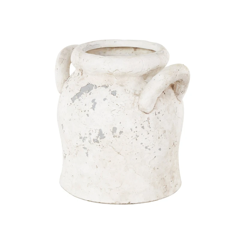 8.25" Cream Ceramic Antique Style Distressed Decorative Vase with Handles