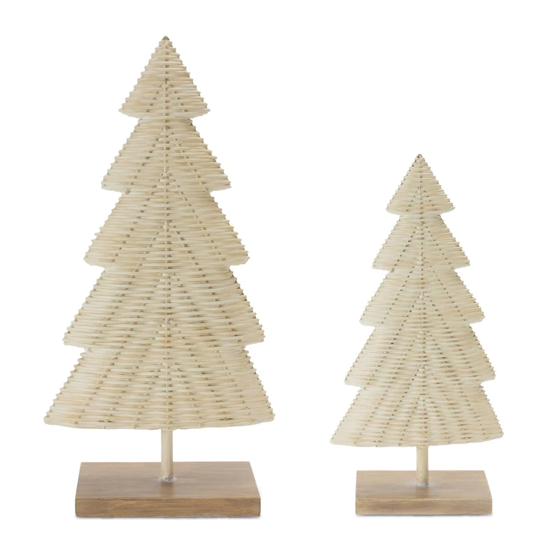 White & Beige Wicker Pine Tree Tabletop Décor Set, 17" & 13"