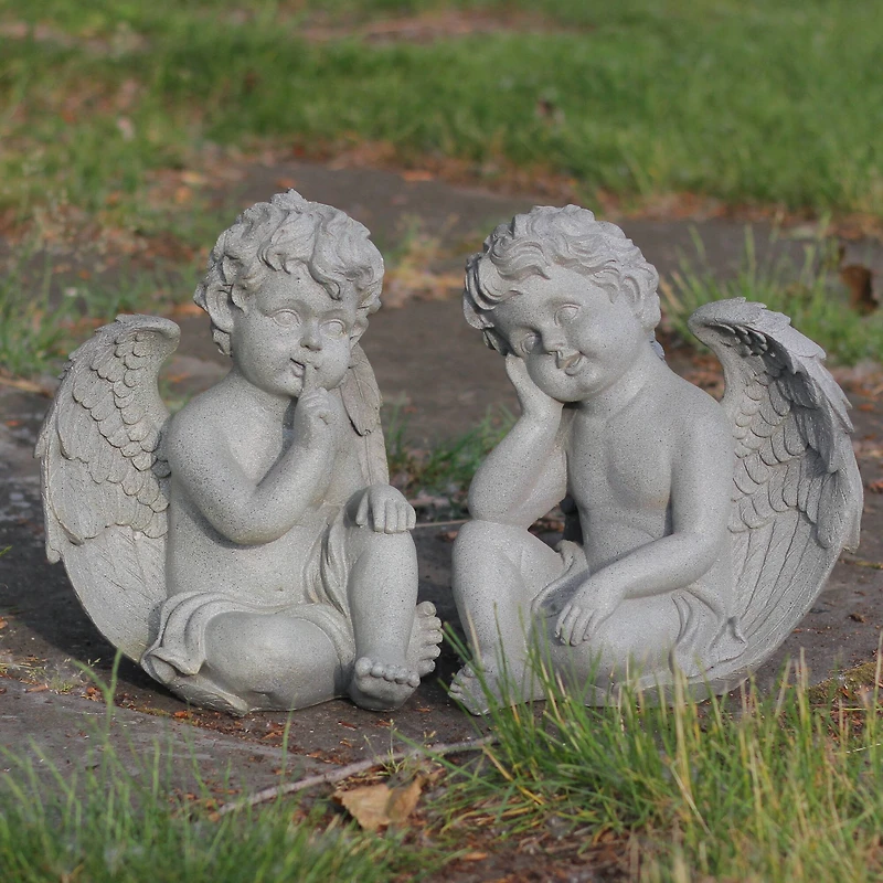 12.5" Distressed Gainsboro Gray Sitting Cherub Angels Outdoor Garden Statues