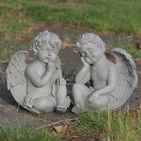 12.5" Distressed Gainsboro Gray Sitting Cherub Angels Outdoor Garden Statues