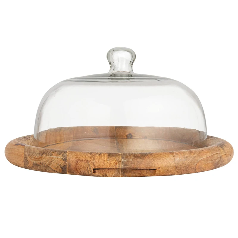 Hello Honey® 16" Round Glass Cloche with Mango Wood Base
