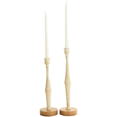 Cream Metal Textured Tapered Candle Holder Set