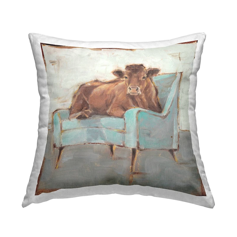 Stupell Industries Brown Cattle on a Blue Chair Funny Chic Farmhouse Throw Pillow 18" x 18"