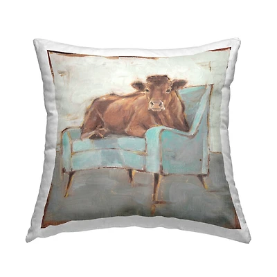 Stupell Industries Brown Cattle on a Blue Chair Funny Chic Farmhouse Throw Pillow 18" x 18"